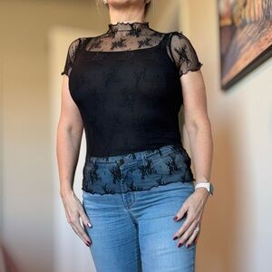 Zenana Outfitters Black Sheer Lace Blouse
